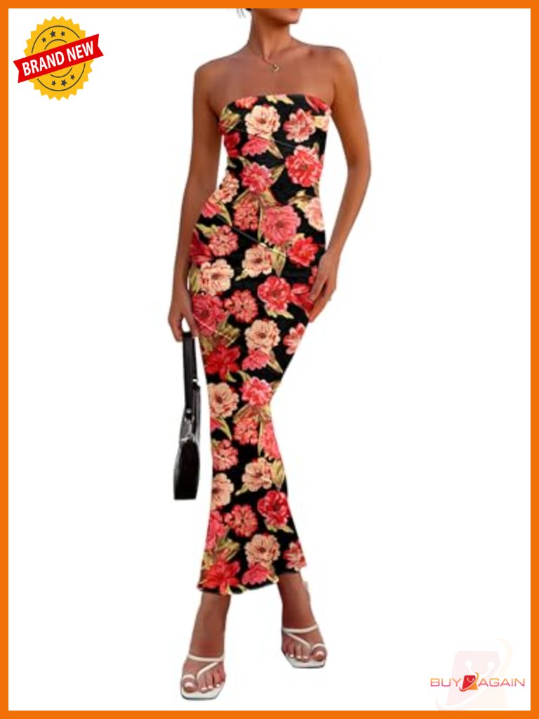 Maxi Dress: Floral Bodycon Strapless Tube Boho Party Long Dress Ribbed Summer